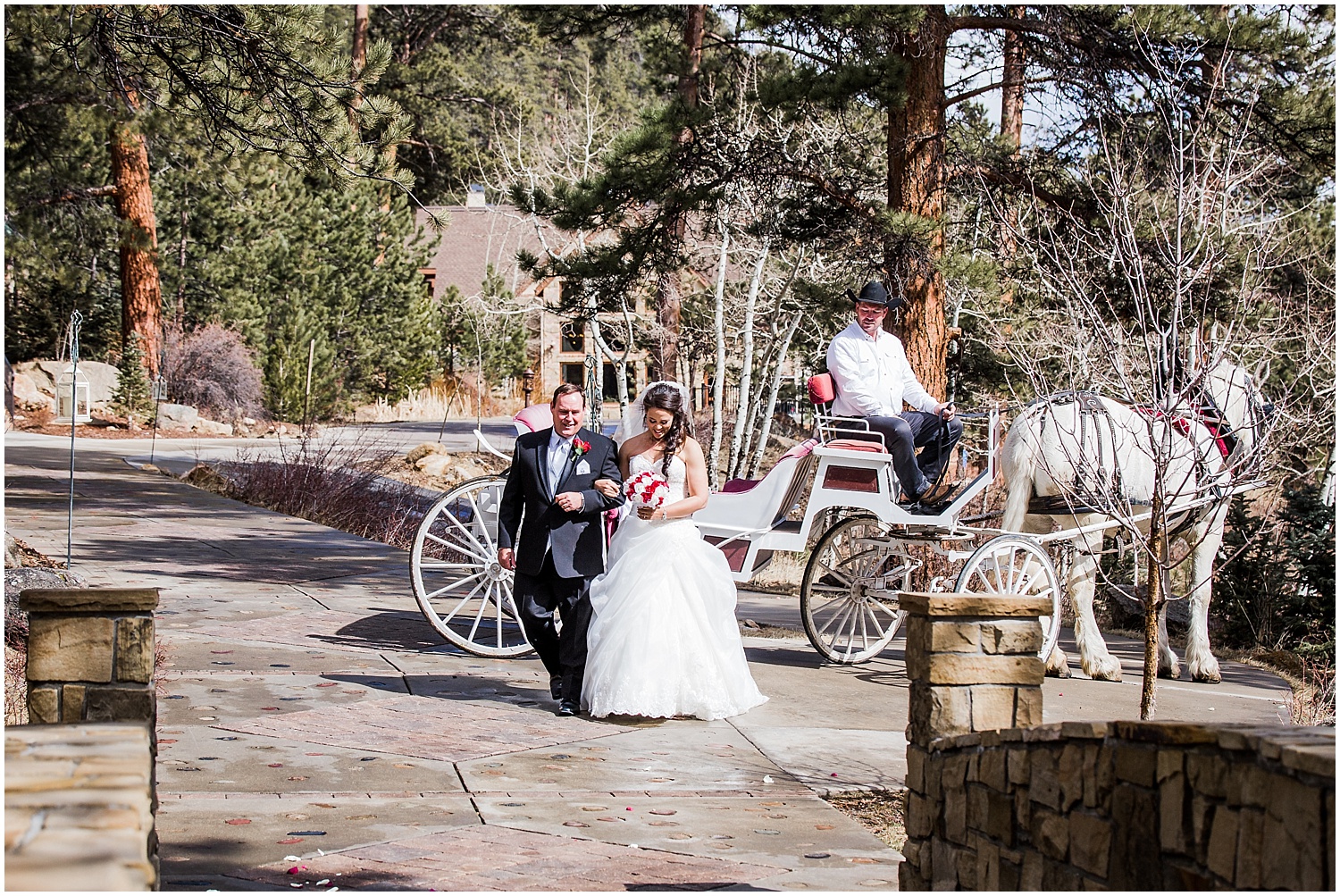 bride arriving in horse drawn carriage and walking down the aisle with her dad on her wedding day