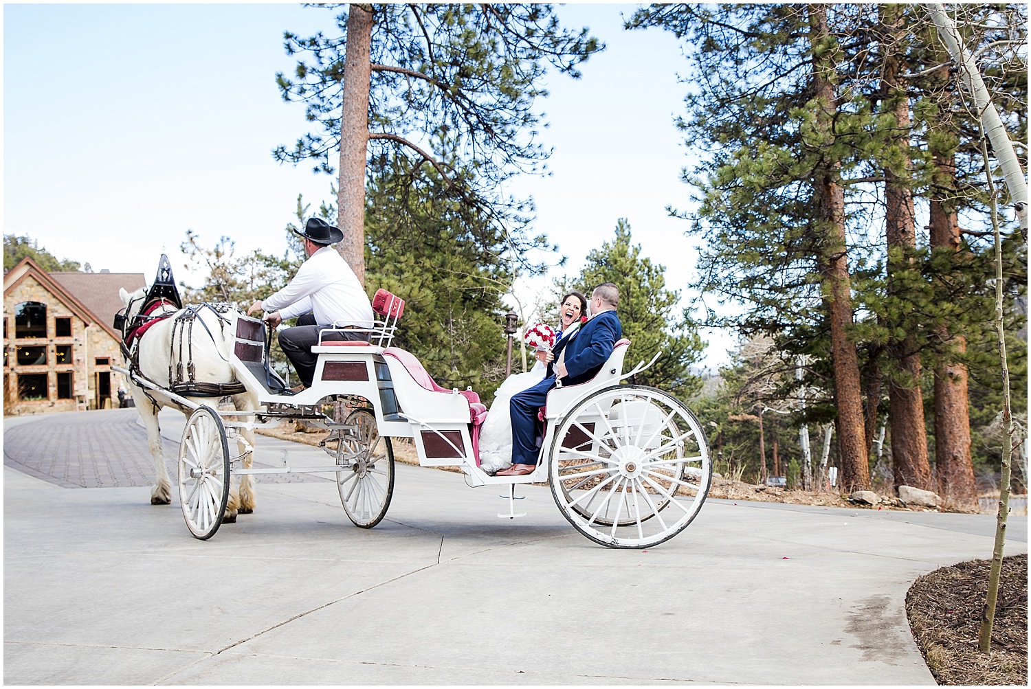 Della Terra Fairytale Wedding bride and groom leaving in horse drawn carriage on their wedding day 