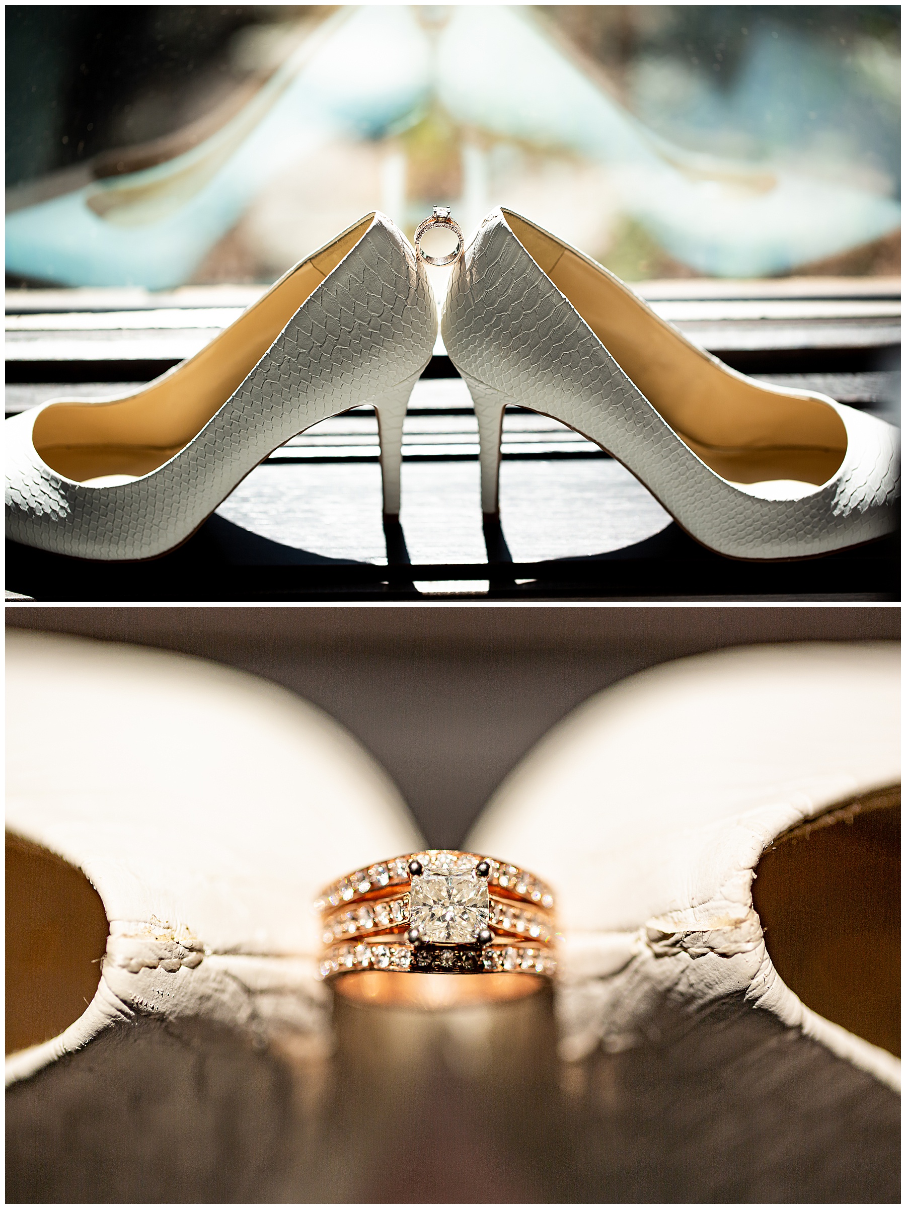 wedding ring displayed on wedding shoes