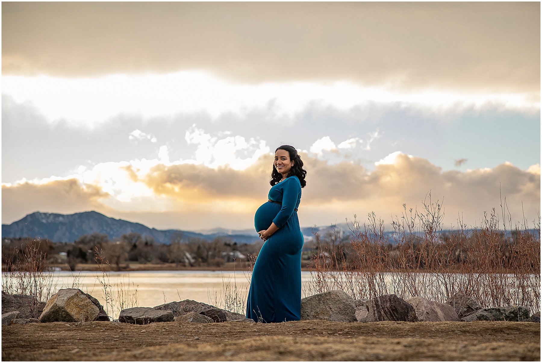 Maternity Photos, maternity photo shoot, denver maternity photographer, baby bump, maroon dress, mom to be, experienced maternity photographer, affordable maternity photographer, sunset photos, golden hour, outdoor photography, winter photoshoot, blue maternity dress, third trimester, first time mom, boy mom, outdoor maternity photography, Colorado maternity photoshoot