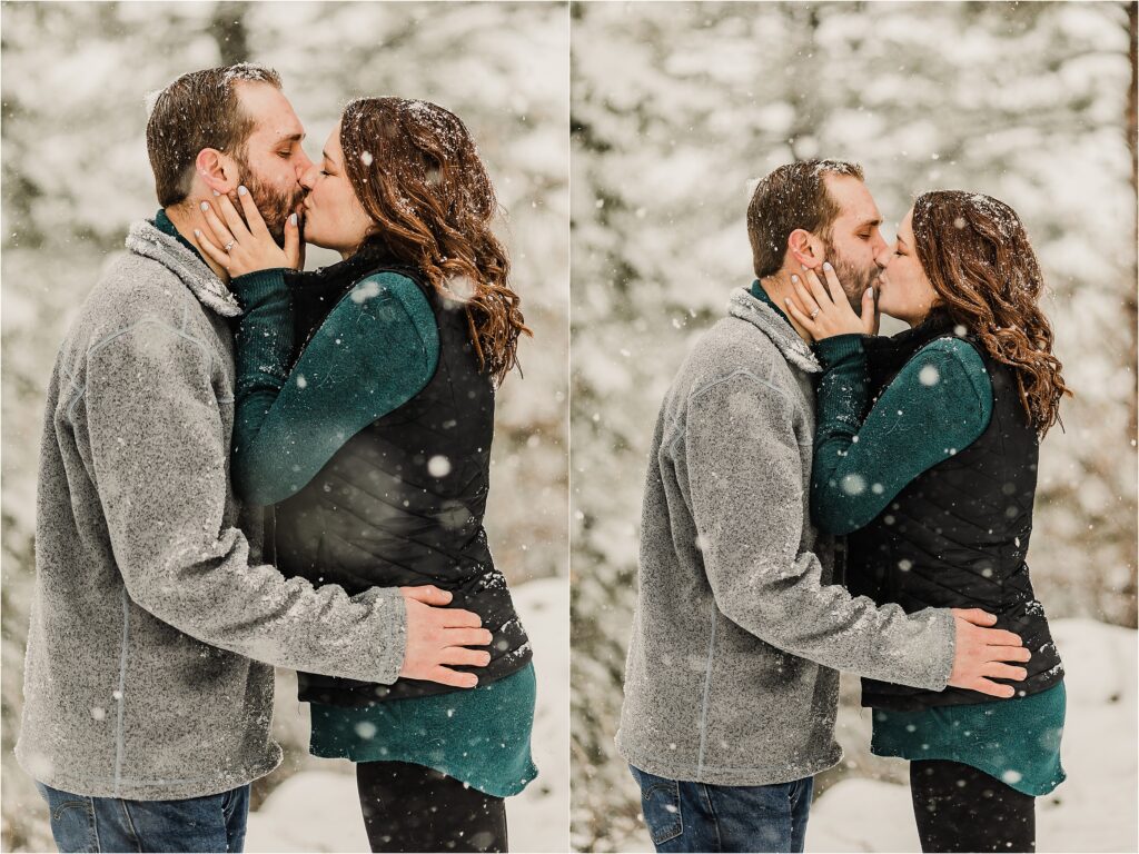 Winter Engagement Photos, Mount Falcon Park, Colorado Photographer, snow, snowy portraits, yellow lab, dog photo, engaged, portrait photographer, save the date, engaged, Morrison Colorado, wedding photographer, red rocks, mountain engagement photos, she said yes, winter boots, snowy hair, diamond ring