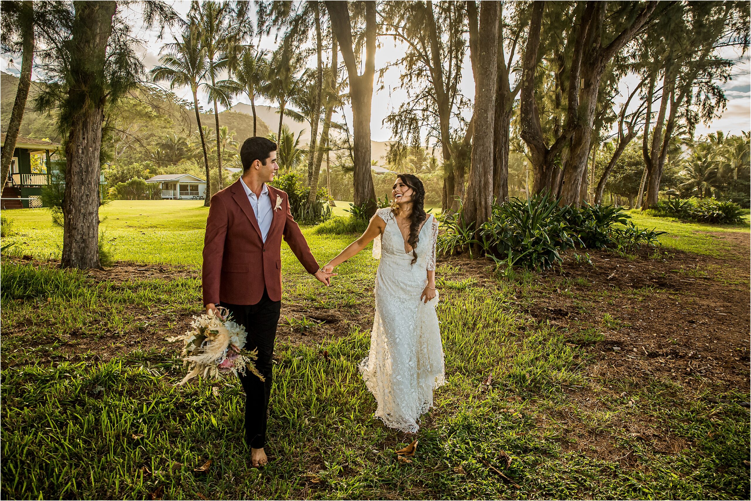 Golden hour on Hanalei bay with bride and groom for their elopement
