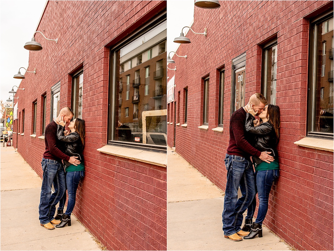 Engagement photos near red brick wall in Downtown Denver